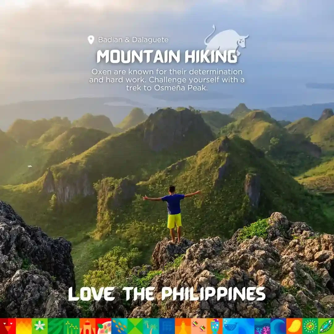 Sunrise view from the rocky summit of Osmena Peak in Dalaguete with the jagged limestone ridge of the Mantalongon highlands rolling toward the Tañon Strait and Negros Island in the distance